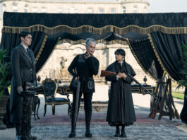 Wednesday. (L to R) Liv Spencer as Varicose, Joanna Lumley as Grandmama, Jenna Ortega as Wednesday Addams in episode 206 of Wednesday. Cr. Bernard Walsh/Netflix © 2025